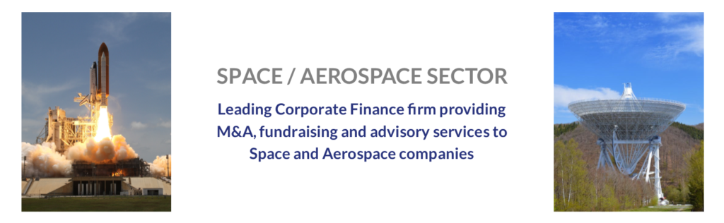 Banner for Citicourt's Space and aerospace sector, with a rocket on the left side and a large satellite on the right